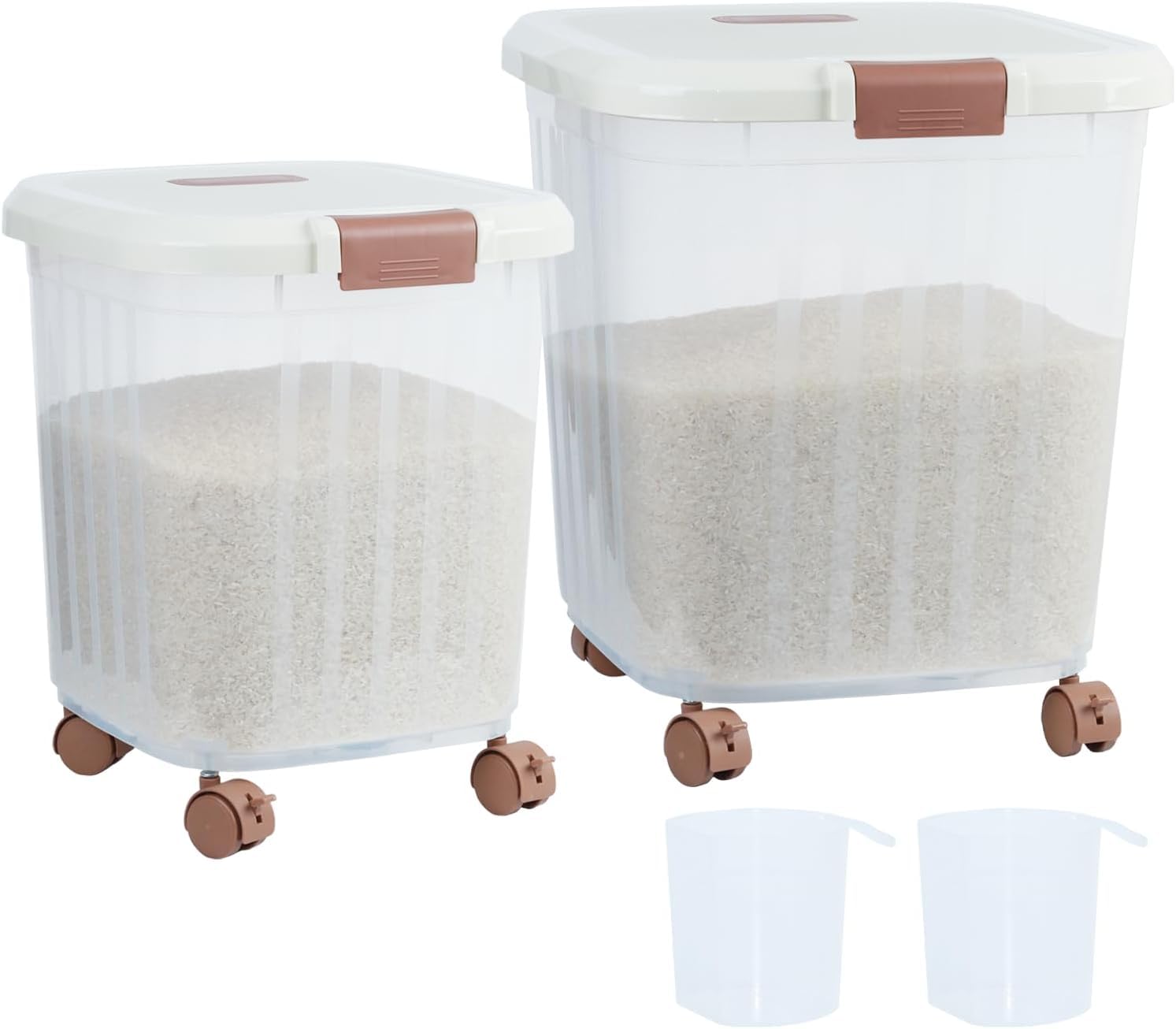 Photo 1 of Qiveno 30 LB+50 LB Airtight Flour Rice Storage Container, Airtight Cereal Grain Dry Food Storage Container Bin with Wheel, For Rice | Grain | Pet Food | Flour, 2 count(Clear)