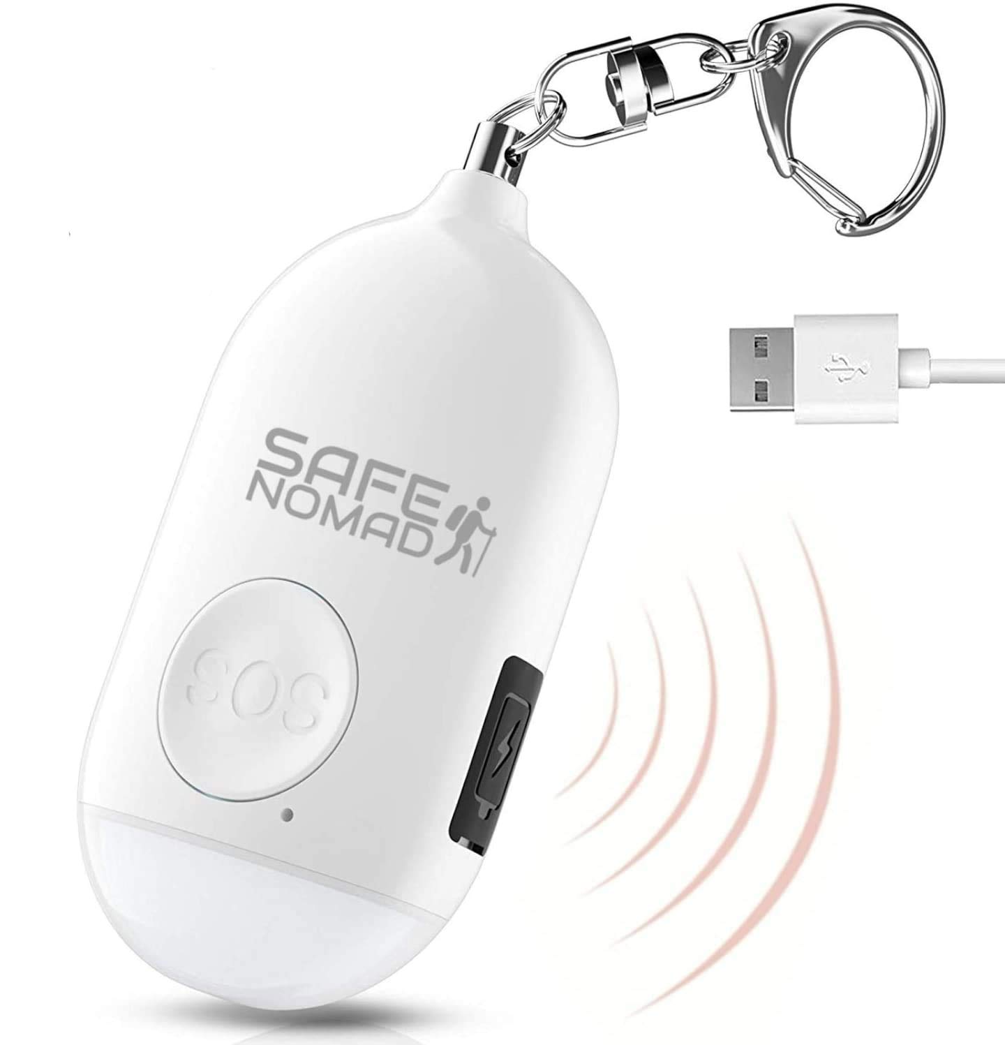 Personal Alarm for Women with LED Flashlight. Rechargeable, Waterproof, White, Small Police Approved Panic & Rape Alarm with Keyring for Students, Elderly, Girls & Kids