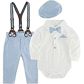 GLEAMING GRAIN Boys Clothes Set Infant Tuxedo Long Sleeve Gentleman Suit Outfits Beret Hat Suspender Pants Bowtie Baby 0-18M