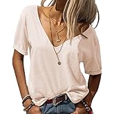 Danedvi Women Fashion Deep V-Neck Short Sleeve Tops Solid Casual Loose Basic T Shirt