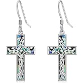 Suiknsn Mountain Mustard Seed Earrings for Women 925 Sterling Silver Abalone Shell Cross Dangle Drop Earring Christian Jewelry Outdoor Birthday Gifts