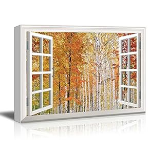 Window View Canvas Wall Art - Birch Tree Forest in Fall - Giclee Print Gallery Wrap Modern Home Art Ready to Hang - 12x18 inches