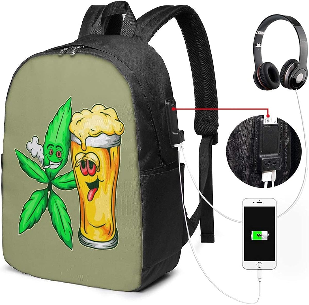 Beer and Weed Lover Art 17 Inch Backpack Unisex Backpack with USB