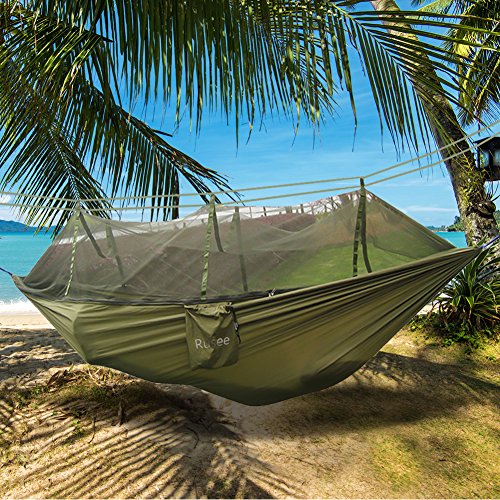 Camping Hammock, Rusee Mosquito Net Outdoor Hammock Travel Bed Lightweight Parachute Fabric Double Hammock For Indoor, Camping, Hiking, Backpacking, Backyard - Thumbnail 6