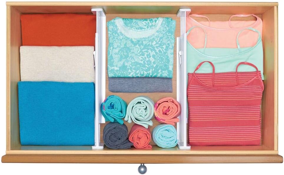 mDesign Adjustable, Expandable Drawer Organizer/Divider - Foam Ends, Strong Secure Hold, Locks in Place - for Bedroom, Bathroom, Closet, Office, Kitchen Storage - 2.5" High, 4 Pack - White: Home & Kitchen
