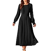 Seta T Women's Elegant Frilled Crewneck Midi Dress Long Sleeve Pleated A-Line Flowy Casual Dresses with Pockets, Medium