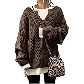 chouyatou Women's Winter Chunky V Neck Long Sleeve Loose Cable Knit Sweater Pullover