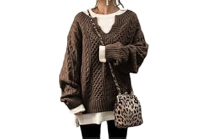 chouyatou Women's Winter Chunky V Neck Long Sleeve Loose Cable Knit Sweater Pullover