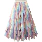 Womens Rainbow Skirts Gradient Ruffle Tulle Skirt Asymmetrical A-line Midi Skirts Wedding Party Skirt 2025 Fashion