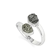 LUSTRE AND LIGHT Natural Raw/Rough Meteorite & Pyrite 2 Stone Size Adjustable Stackable Twister Ring for Women in Sterling Silver, August Birthstone Jewelry Gifts for Her (Bezel-Set)