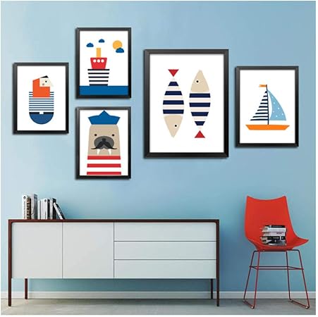 Aquarelle Affiche Dessin Anime Poisson Ours Joint Marin Peinture Sur Toile Phare Mur Photo Decoration Chambre D Enfants No Frame 60 80cm Amazon Fr Cuisine Maison