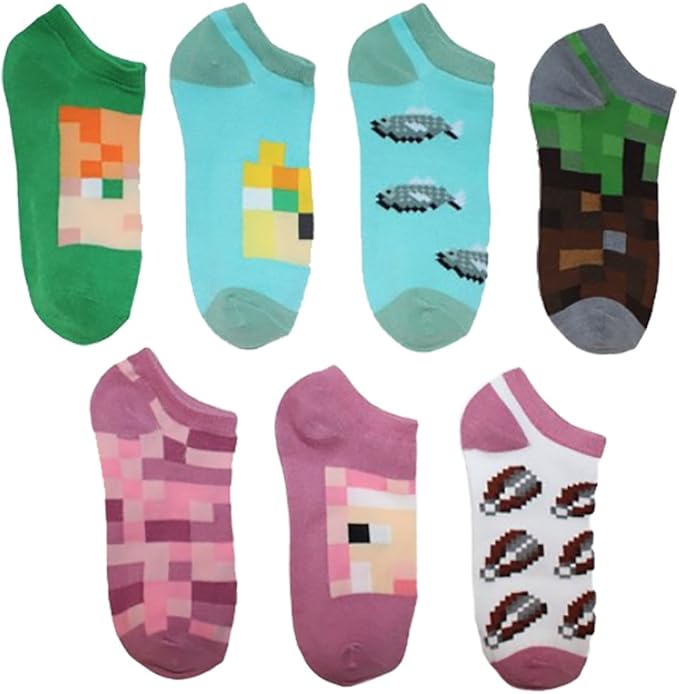 Girls' Minecraft Socks, 7 Pairs (M/L Fits Shoe Size 310