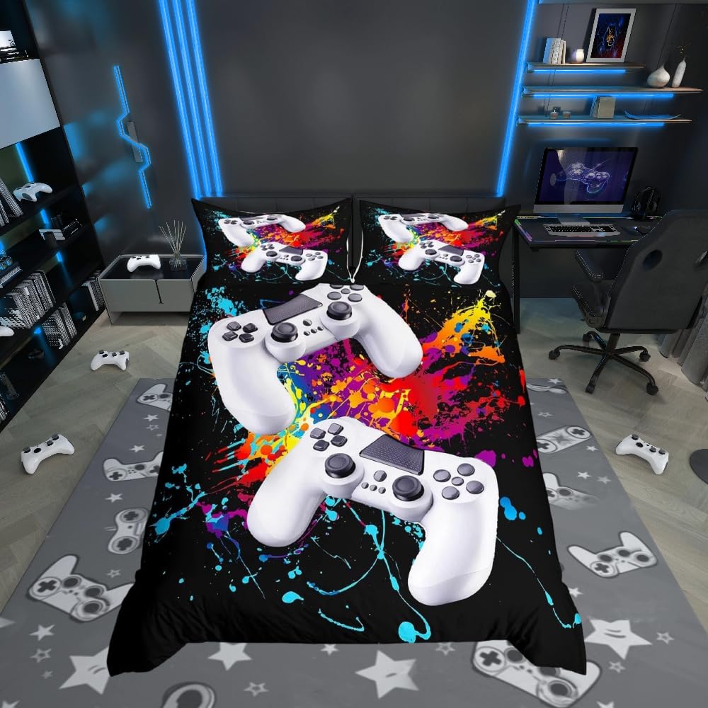 Loussiesd Games Duvet Cover Boys Watercolor Gamepad Printed Bedding Set Kids Video Game Gamepad Comforter Cover Gamer Game Controller Bedspread Cover Bedroom Collection 3Pcs Double Size