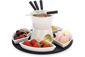 BSTKEY 300ML Ceramic Butter Warmer Set with Wooden Pallet, Fondue Pot Melting Pot Set, Melt Hot Pot Bowl Set For Cheese Chocolate Butter Caramel, with 4 Forks and 4 Dishes
