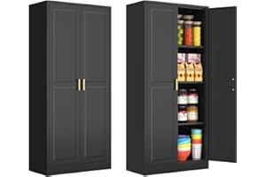 Polup 60 Inch Tall Pantry Cabinet, Metal Kitchen Storage Cabinet with Doors and Shelves, Black Cupboard for Food Storage, Freestanding Cabinet for Living Room, Dining Room - Assembly Required