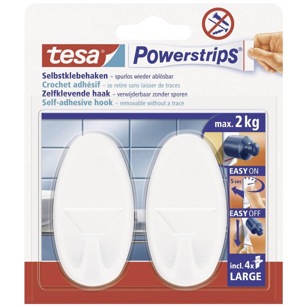 tesa Powerstrips Hooks Large OVAL - Removable Self-Adhesive Wall Hook for Glass, Tiles, Wood, Plastic and Other Surfaces - White - Holds Up to 2 kg