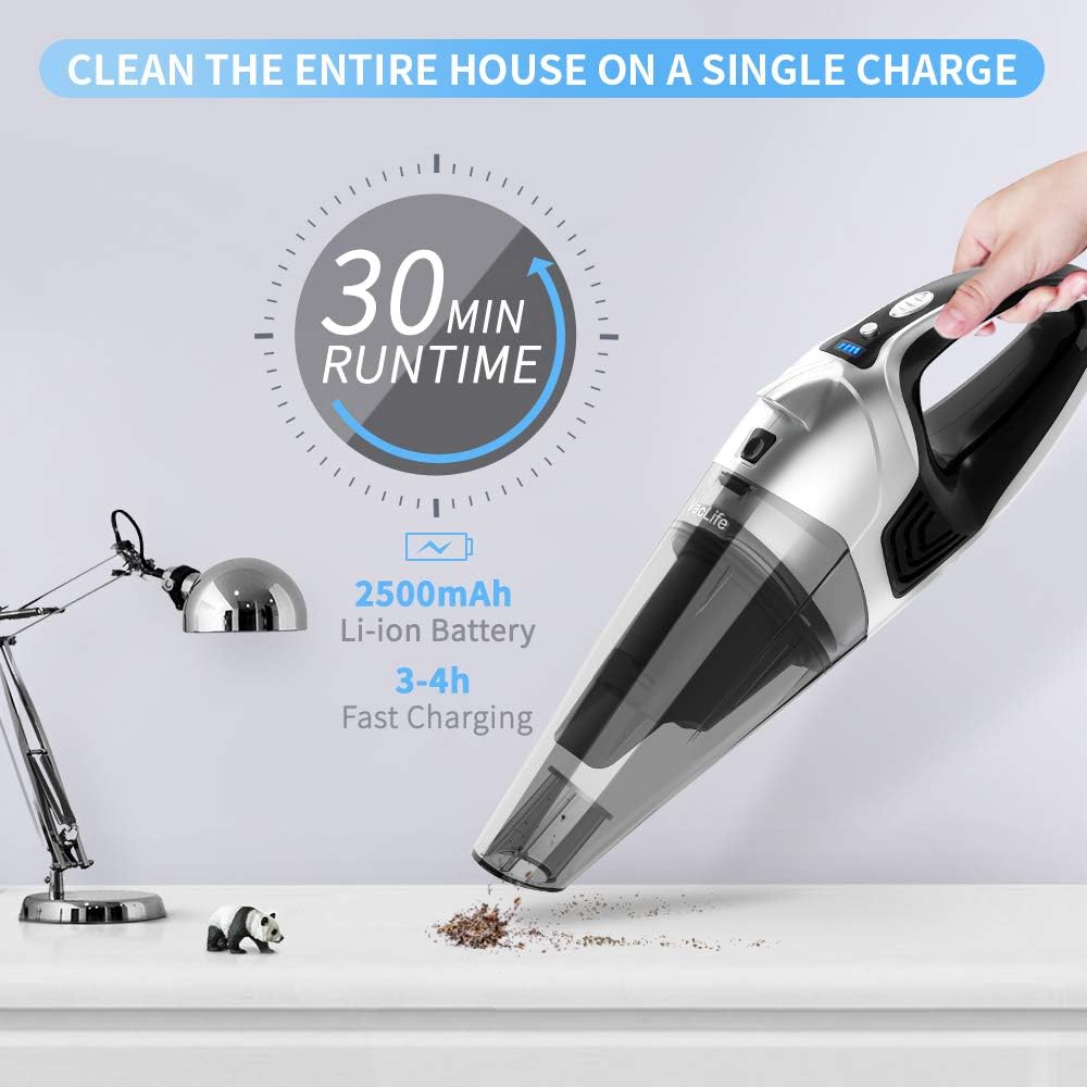 VacLife Handheld Vacuum, Hand Vacuum Cordless with High Power, Mini Vacuum Cleaner Handheld Powered by Li-ion Battery Rechargeable Quick Charge Tech, for Home and Car Cleaning - Silver -