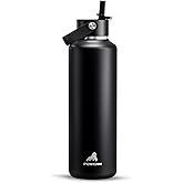 POWCAN 24oz Stainless Steel Slim Water Bottle for: Sweatproof, Flex Cap, Lightweight, Standard Mouth, Top Handle, Vacuum Insulated Flask with straw for Adults, Fitness, Teens, School (Midnight Black)