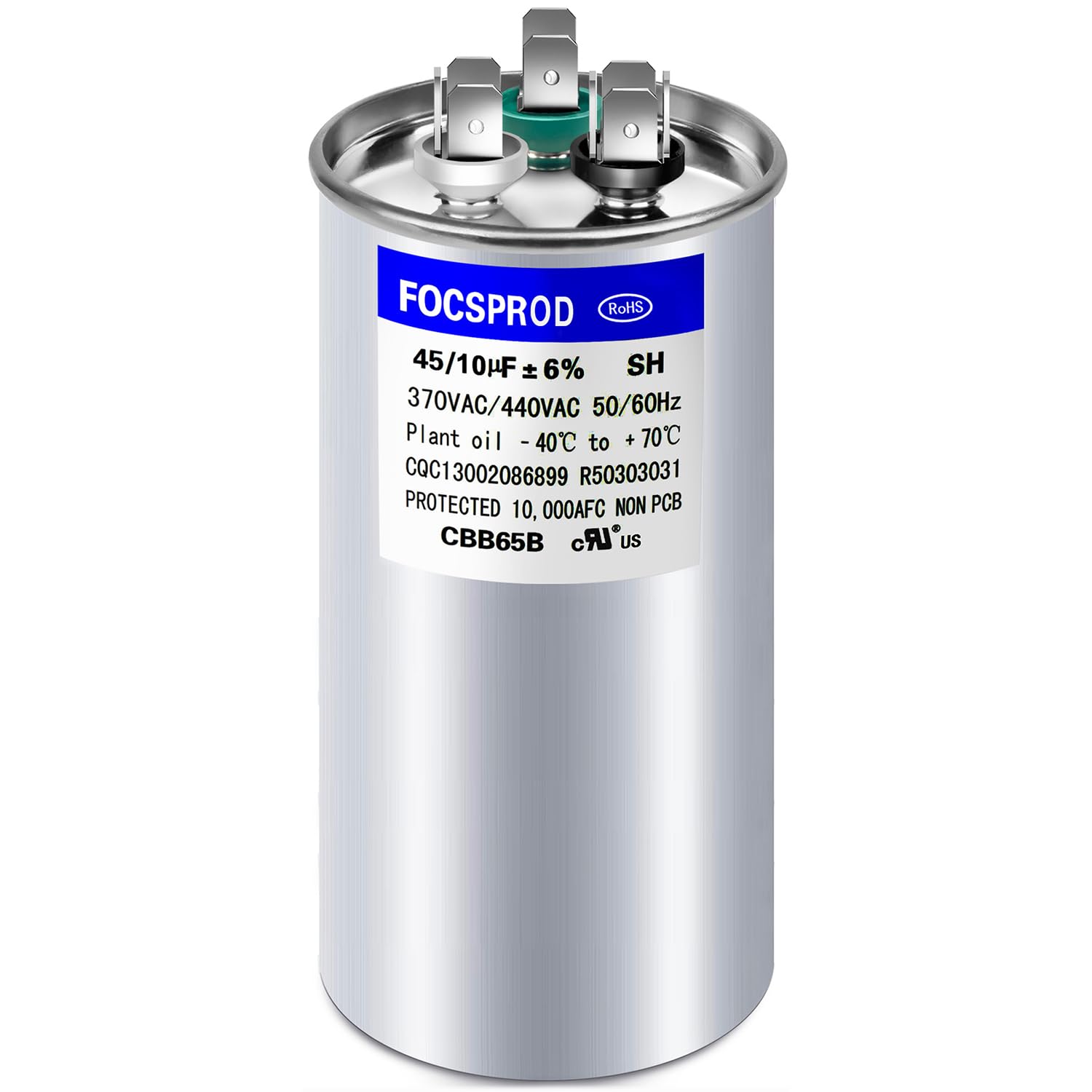 Photo 1 of [UL Recognized] FOCSPROD 45+10 uF 45/10 MFD ±6% 370V/440V CBB65B AC Capacitor, Dual Run Round Capacitor Replacement, 45 10 uF 440 Volt HVAC for AC Unit Fan Motor Start or Heat Pump or Condenser