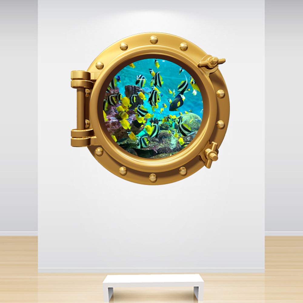60 Second Makeover Limited Full Colour Aquarium Fish Tank Brass Gold Porthole Decal Under the Sea Ocean Marine Wall Sticker Kids Bedroom Decoration