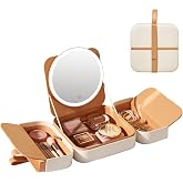 FUNTOUCH Leather Travel Makeup Bag with Rechargeable LED Mirror, Cream | Large Capacity Train Case Holds All Beauty Essentials Adjustable Brightness &amp; 3 Colors,Waterproof/Easy Clean, Gifts for Women