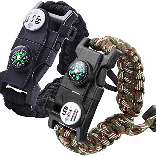 Survival Paracord Bracelet Emergency Adjustable Tactical Bracelet Kit Outdoor Survival Waterproof Wristband with SOS LED Light – Set Of 2- Compass, Fire Starter, Emergency Knife, Whistle,Fire Starter