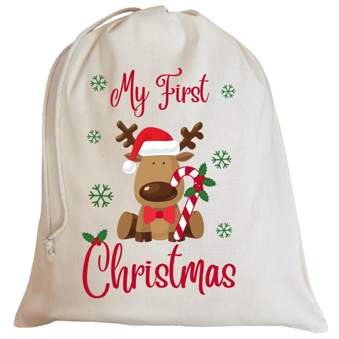 Second Ave Cute Children's My First Christmas Reindeer Cotton Drawstring Xmas Santa Sack Bag Gift