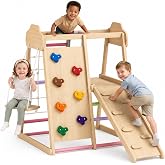 Indoor Jungle Gym Playset Wooden Playground With Slide, Swing and Rock | Natural Wood, 37.8 X 38.8 X 46.1 In, Climbing Net, Rope Ladder, Gym Rings, Indoor Playroom Activity Center