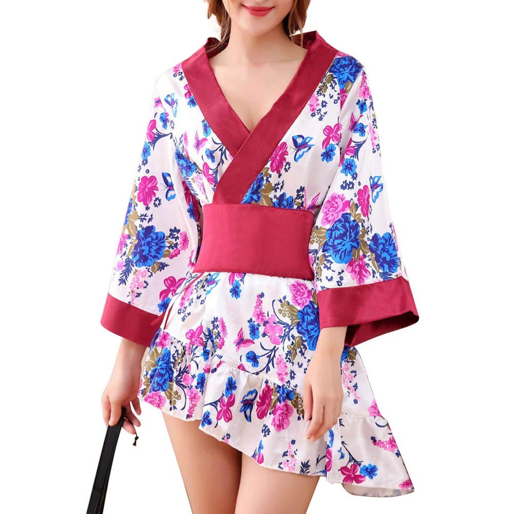 Women&rsquo;s Sexy Kimono Lingerie Pink Blossom Pattern Mini Kimono Dress