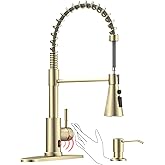 DAYONE Brushed Gold Touchless Kitchen Sink Faucets with Soap Dispenser, Pull Down Smart Hands-Free Spring Faucet for Kitchen Sink Motion Sensor Touch Faucet High Arc