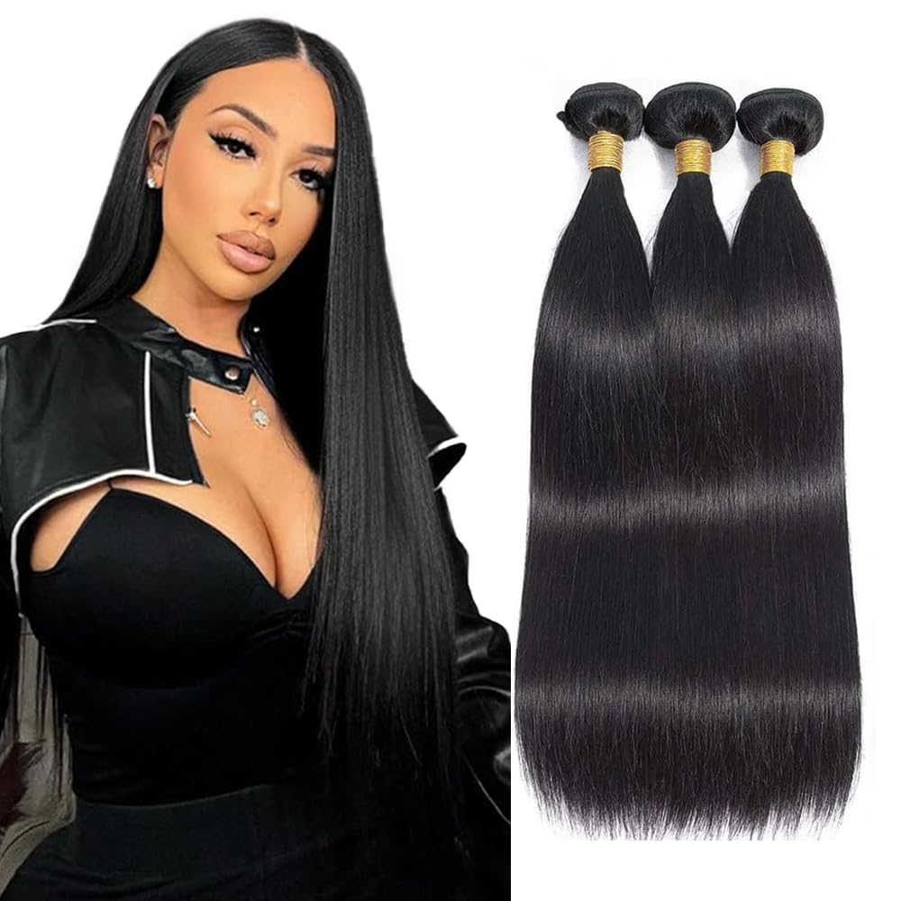 Photo 1 of 30 32 34 Inch Natural Black Bundles Human Hair 1B Straight Bundles Unprocessed Virgin Mxied Length Straight Bundle Hair Extensions 50 Gram Per Bundle