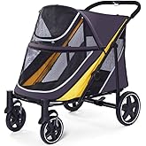 Large Dog Stroller-4 Wheel Pet Strollers for Medium Dogs or 2 Dogs- One-Click Foldable - Large Breathable Mesh & Sunroof - All Terrain Pet Stroller for Medium Senior Dog up to 88 lbs (Yellow)