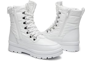 Moudki Womens Warm Fur Lined Snow Boots for Cold Weather, Non-slip Black Combat Boots with Zipper for Hiking, Lace up White Winter Booties for Women, Water Resistant Mid Calf Shoes