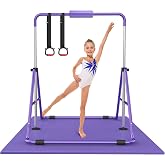 RINREA Gymnastic Bars for Kids, Adjustable Height Horizontal Bar for Home | 5-Height 35"-51", Foldable &amp; Space-saving, Indoor Outdoor Training Kip Bar, Gymnastics Rings &amp; Gymnastics Pad, ASTM Certified