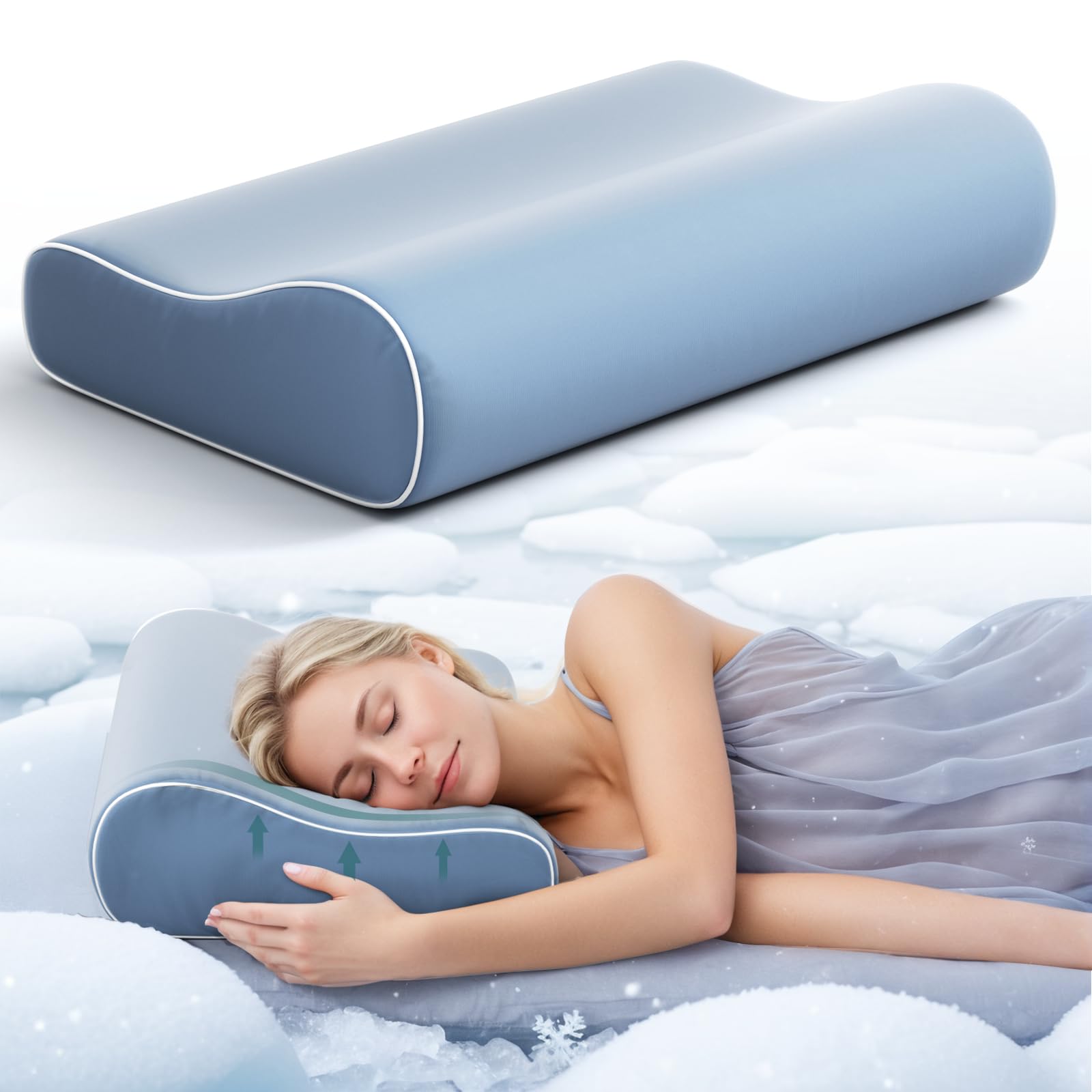 Forcanby Cervical Neck Pillow for Pain Relief - Cooling Neck Memory Foam Ergonomic Pillow, Orthopedic Pillow for Neck and Shoulder Pain, Adjustable Contour Pillow (Misty Blue)