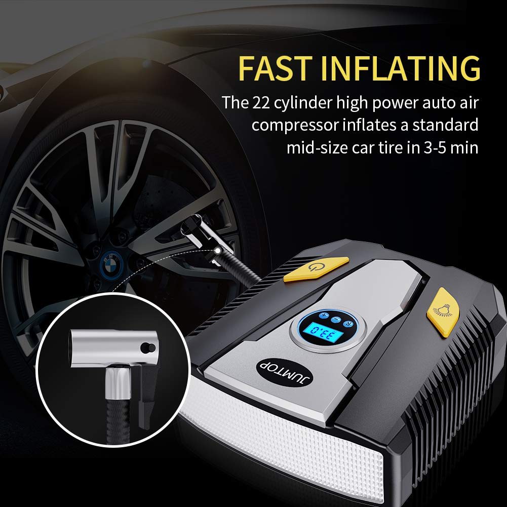 JUMTOP Compresseur d\'Air Portatif 12V/150PSI,Gonfleur Pneus Voiture, Gonfleur de Pneu avec l‘Affichage Numérique LCD, Pratique pour Gonfler le Pneu de Voiture/ Bicyclette/ Moto, Lampe LED Intégrée.