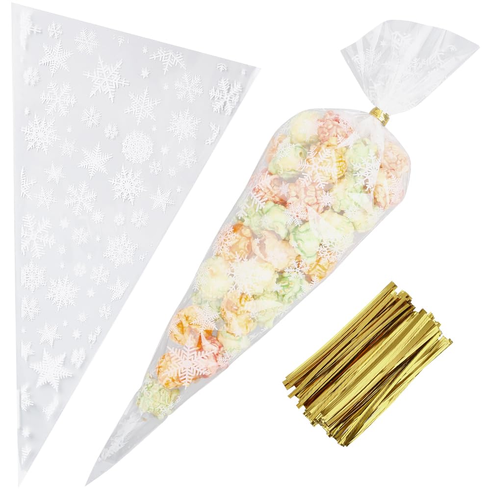 GORGECRAFT 100PCS Snowflake Candy Cone Shape Bags 30x16CM Transparent Popcorn Cellophane Treat Bags Twist Ties Candy Cookie Goodies Clear Triangle Cello Wrap for Christmas Party Favors Supplies