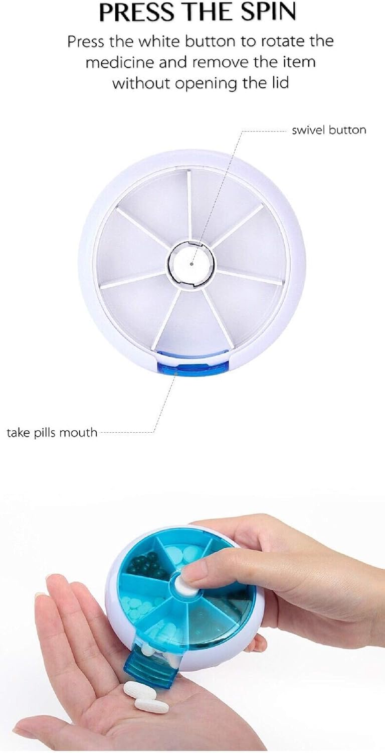 Ruihua Pill Box 7 Lattices Round Tray Pill Case Weekly Seven Days Blue Mini Portable Box, Bule - Image 5