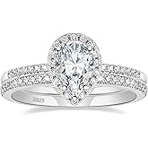 EAMTI 1.5CT 925 Sterling Silver Wedding Band Teardrop Bridal Rings Sets Halo Cubic Zirconia Solitaire Promise Engagement Rings for Women Size 3-11