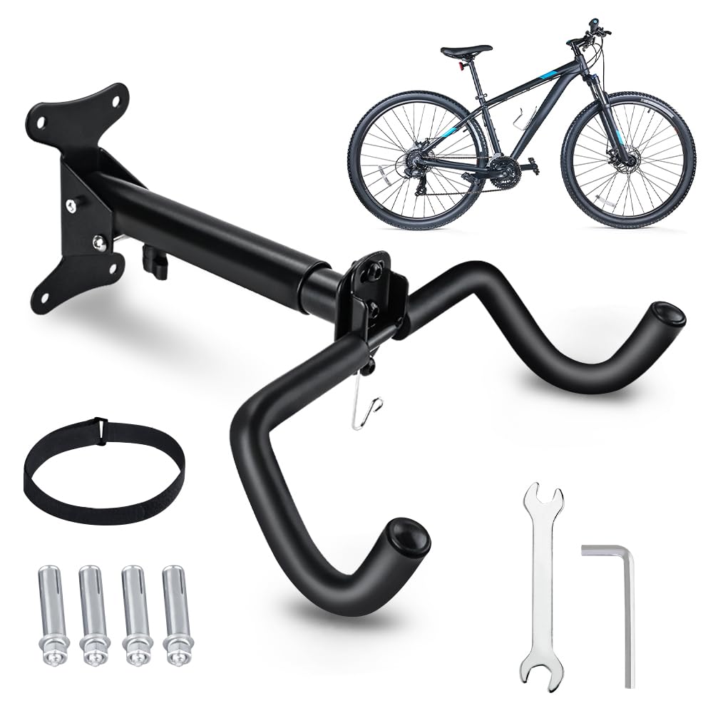 Bike Wall Mount, Adjustable length and Foldable Rack with Helmet Hook, Bicycle Wall Mount Bracket Holder Hook for for Bike Storage with 4 Mounting Expansion Screws & Allen Key & Tire Strap