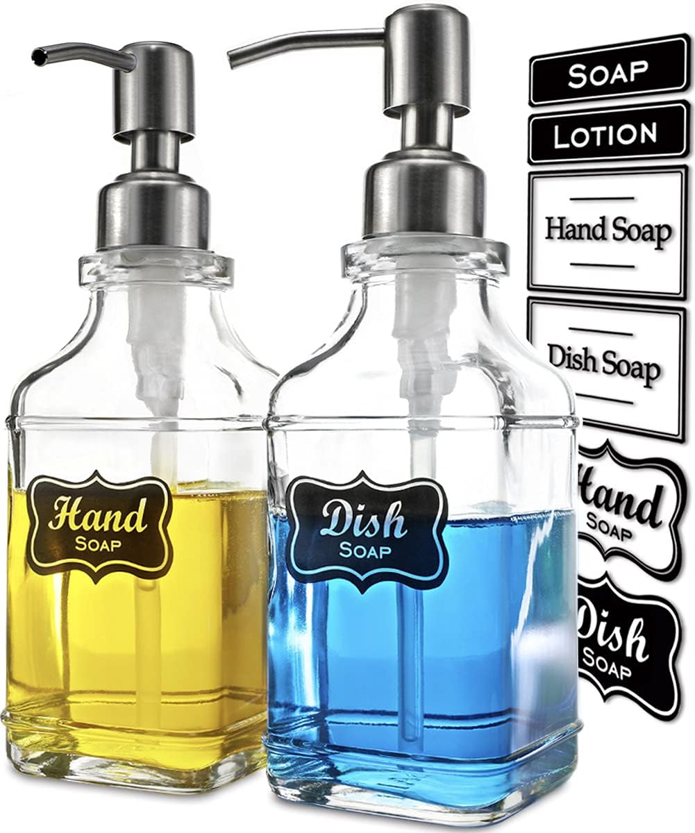 JASAI 2Pack Antique Design Glass Soap Dispenser with Rust Proof 304 Stainless Steel Pump, Refillable Hand Soap Dispenser with 10Pcs Stickers, Premium Soap Dispenser for Kitchen & Bathroom (Clear)