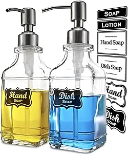 JASAI 2Pack Antique Design Glass Soap Dispenser with Rust Proof 304 Stainless Steel Pump, Refillable Hand Soap Dispenser with 10Pcs Stickers, Premium Soap Dispenser for Kitchen & Bathroom (Clear)