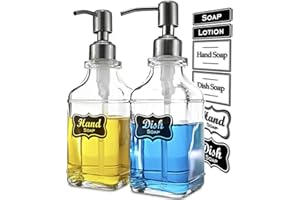 JASAI 2Pack Antique Design Glass Soap Dispenser with Rust Proof 304 Stainless Steel Pump, Refillable Hand Soap Dispenser with 10Pcs Stickers, Premium Soap Dispensers for Kitchen & Bathroom (Clear)