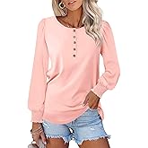 Minetom Womens Tops Long Sleeve Henley Shirts Smocked Puff Sleeve Shirts Dressy Casual Blouses Fall Trendy Clothes
