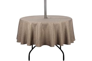 youngseahome Outdoor Tablecloth Wrinkle-Free Stain Resistant Waterproof Polyester Fabric Table Cover with Zipper Umbrella Hole for Picnic/Party/Dinner/Patio Garden(60inch Round,Zippered,Flax)
