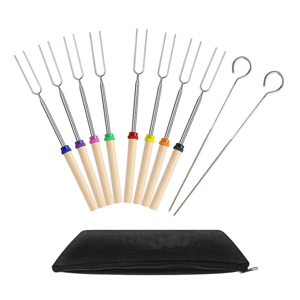 Ecloud Shop Marshmallow Roasting Sticks -Set Of 8 Telescopic Stainless Steel Skewers -Perfect forks for Hot Dogs - Extendable To 32 Inches long-With Bag- 2pcs Free 304 Stainless Steel Grilling Sticks