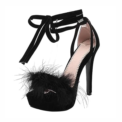Agodor Damen Stiletto High Heels Plateau Sandalen mit Fell und Schnürung Open Toe Pumps Elegant Schuhe