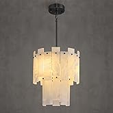 PIOUTNF Alabaster Chandelier,13" Matte Black Natural Spanish Alabaster Pendant Light,2-Tier Round Marble Chandeliers Modern S