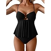Aidonger Women's Tankini Bathing Suit Two Piece Tummy Control Swimsuit Ring Linked Flowy Swim Dress with High Waisted Bottom