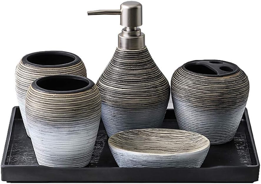 GSAGJysb Vintage Handmade Ceramic Bathroom Set of 5, Bathroom Wash, 5 Sets of Bathroom Supplies Set Wash Set + Tray, Bathroom Accessories Set